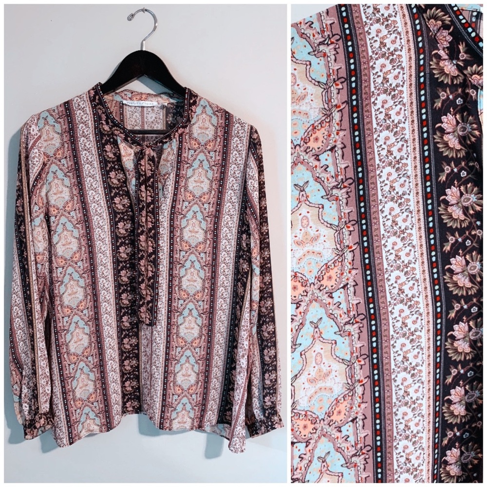 Violet & Claire Floral Stripe Top w/ Tie Neck